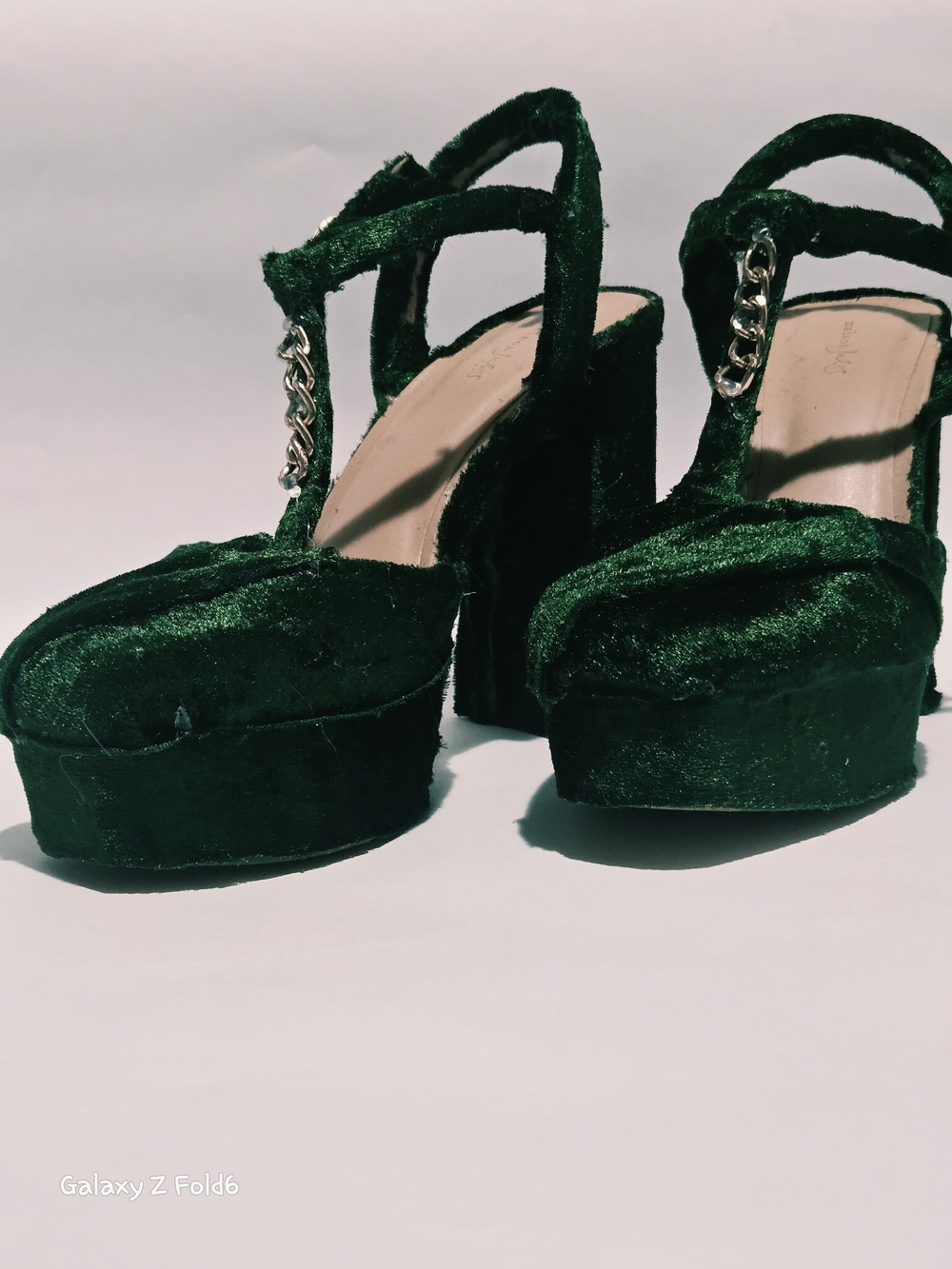 Green Velvet Platform Sandals with Chain Accent